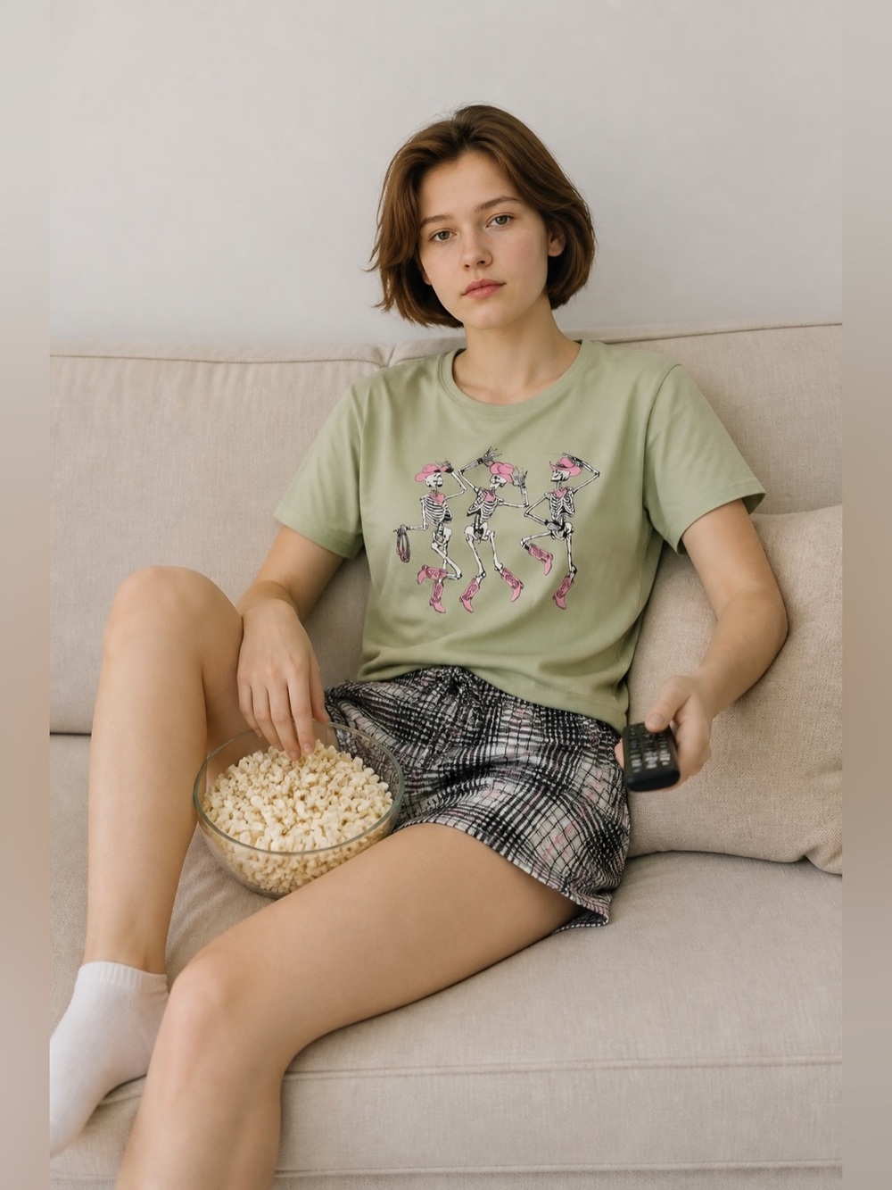 PJ Set- Green Graphic Tee with Pink Skeletons & Plaid Shorts